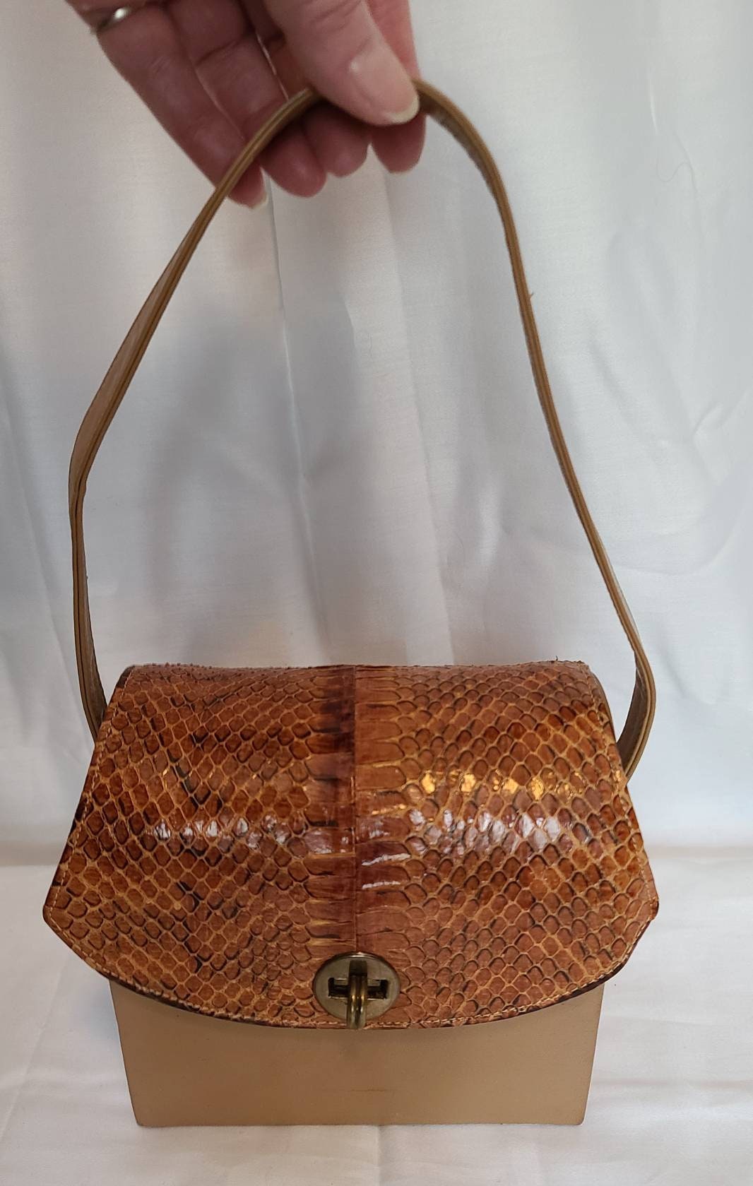 Vintage Snakeskin Purse 1930s 40s Cognac Brown Snake Leather Box Purse Handbag Film Star Creations Hollywood USA Art Deco