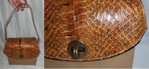 Vintage Snakeskin Purse 1930s 40s Cognac Brown Snake Leather Box Purse Handbag Film Star Creations Hollywood USA Art Deco