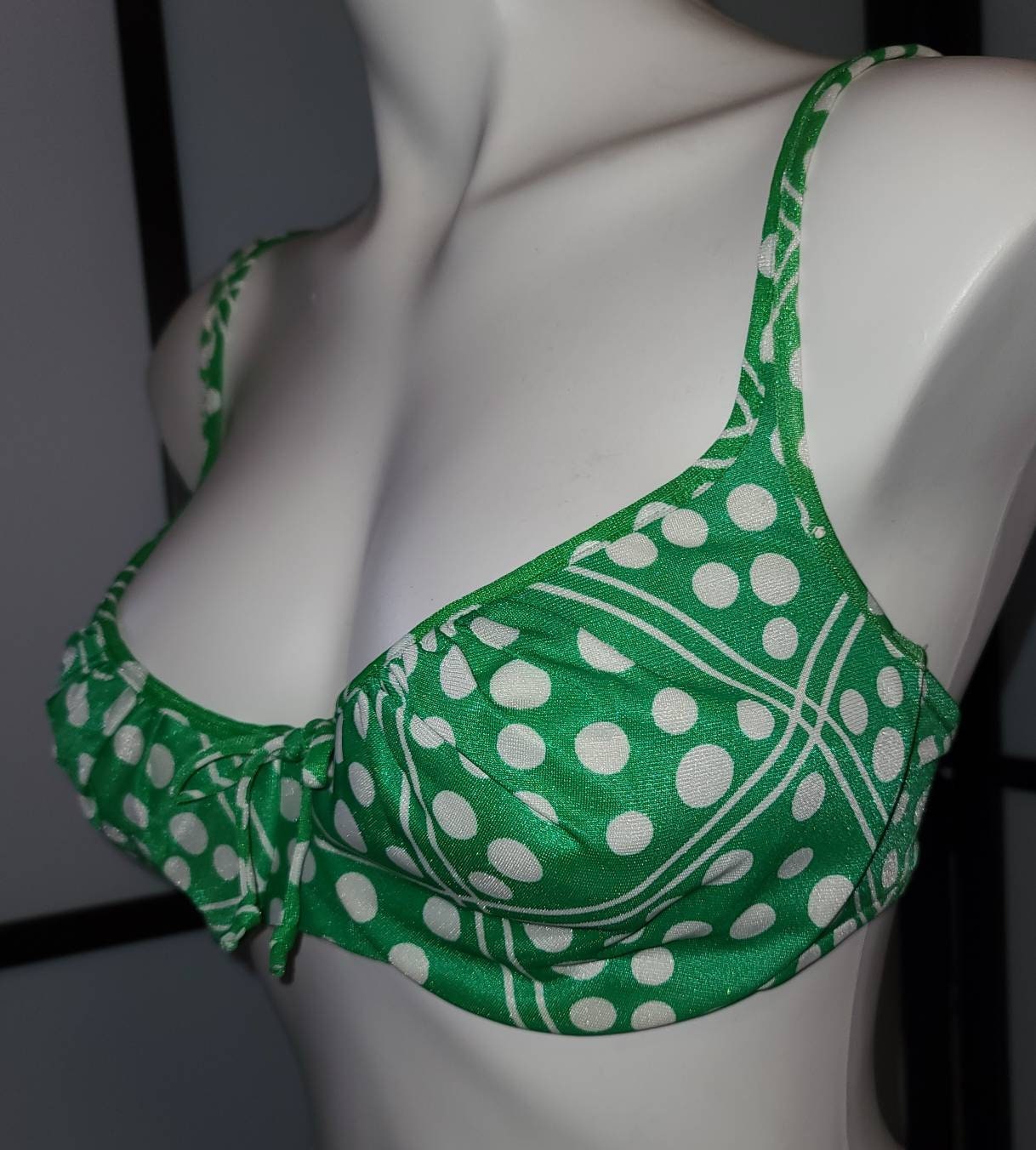 Vintage Bikini Top 1960s Bright Green White Nylon Polkadot Geometric Underwire Bikini Top Mod Go Go Burlesque Pinup 34 C D