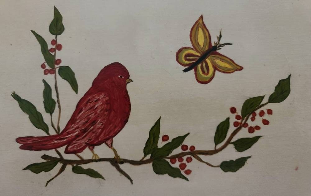 SALE Vintage Basket Purse 1970s White Wood Basket Purse Painted Red Bird Butterfly Flowers Red Velvet Trim Boho