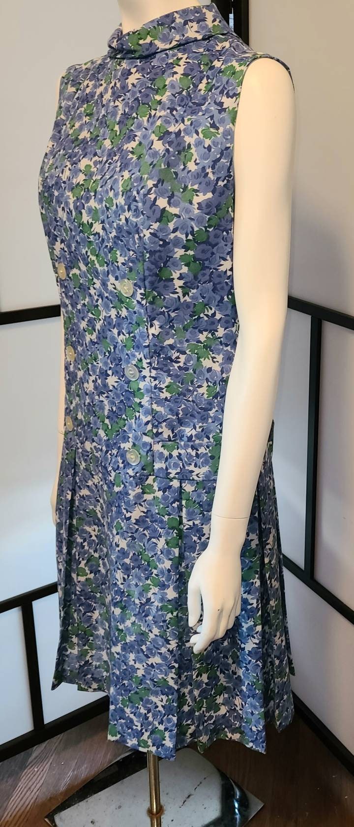 SALE Vintage 1960s Dress Purple Blue Floral Linen Blend Scooter Dress Self Belt Large Buttons Pleated Skirt Mod M