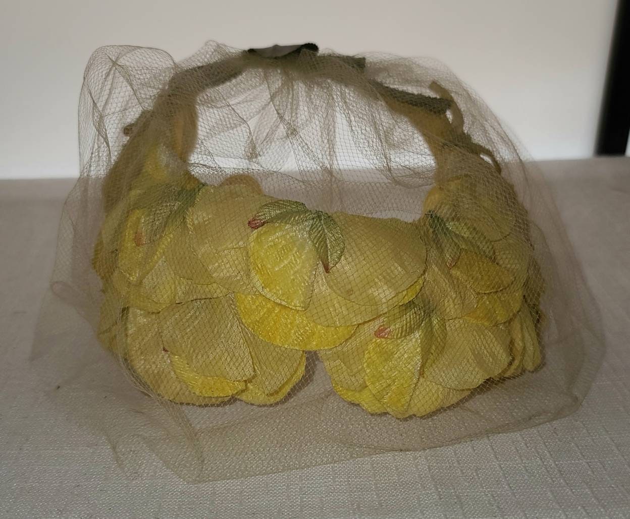 SALE Vintage Floral Hat 1950s Bright Yellow Floral Open Ring Hat Fine Net Veil Rockabilly Pinup Wedding