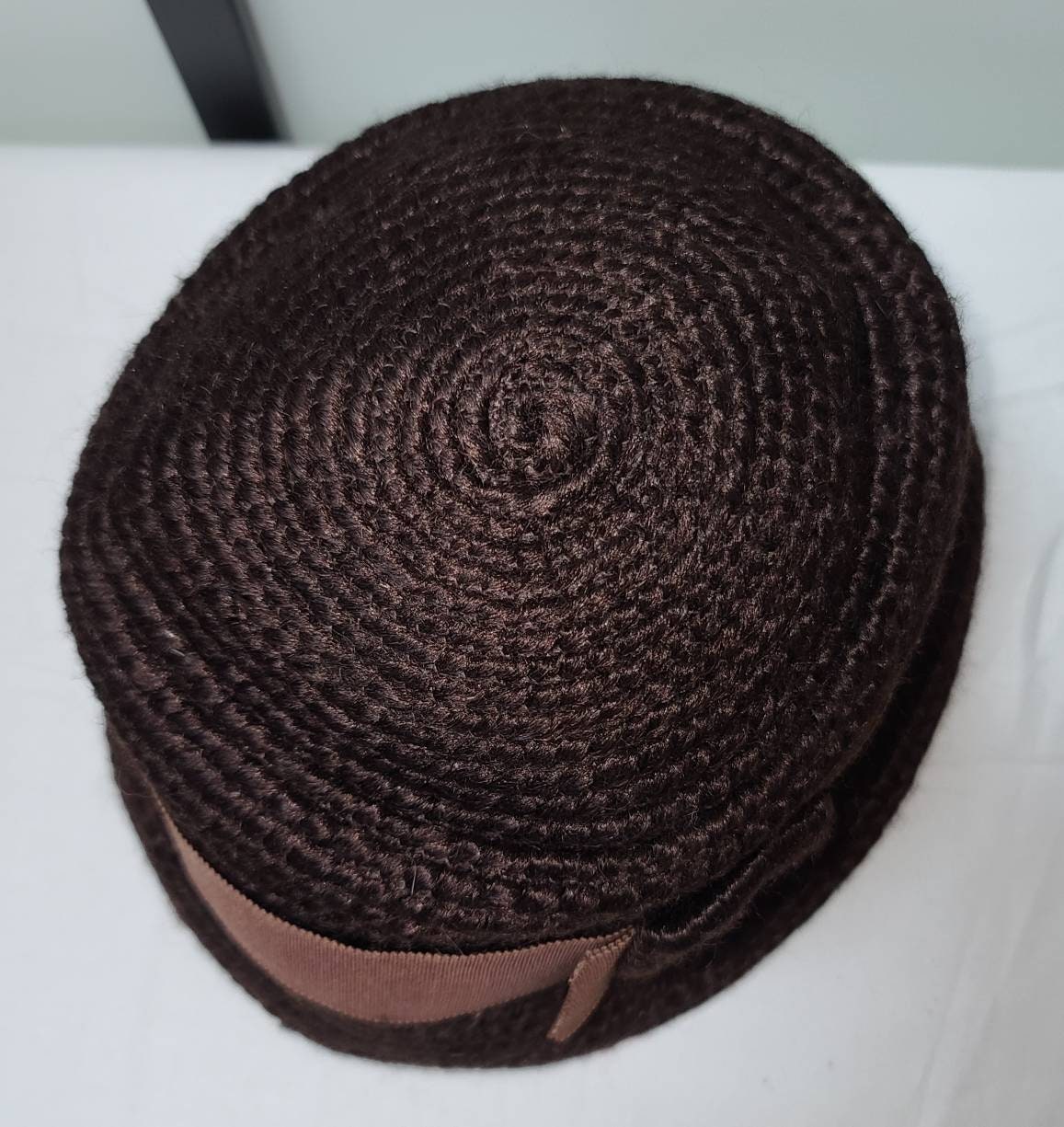 Vintage Cloche Hat 1930s Floppy Brown Woven Wool Cloche Hat Wide Ribbon Large Buckle Art Deco Flapper 20 in.