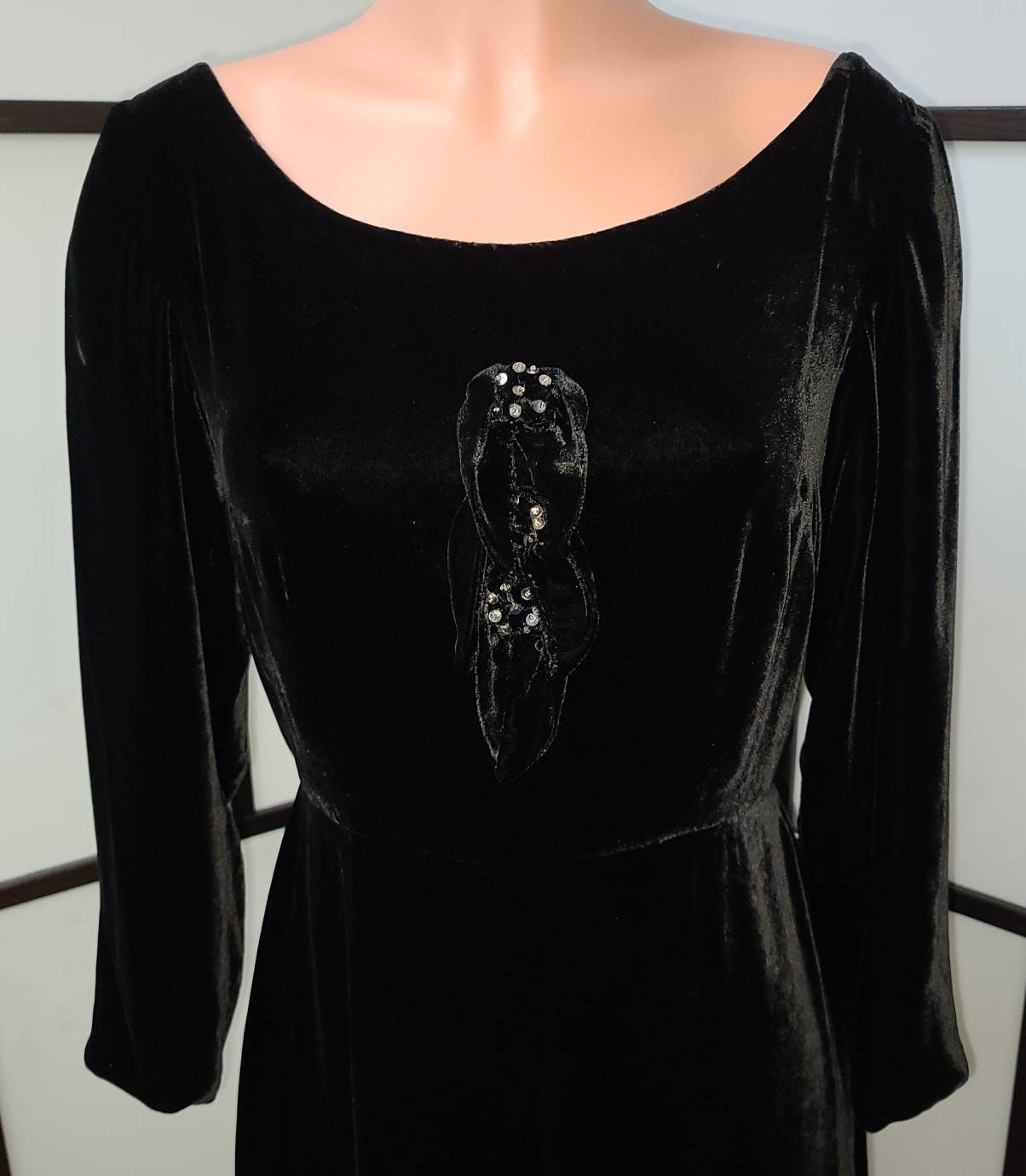 Vintage Velvet Dress 1960s 70s Long Black Silk Rayon Velvet Gown Gothic Boho M