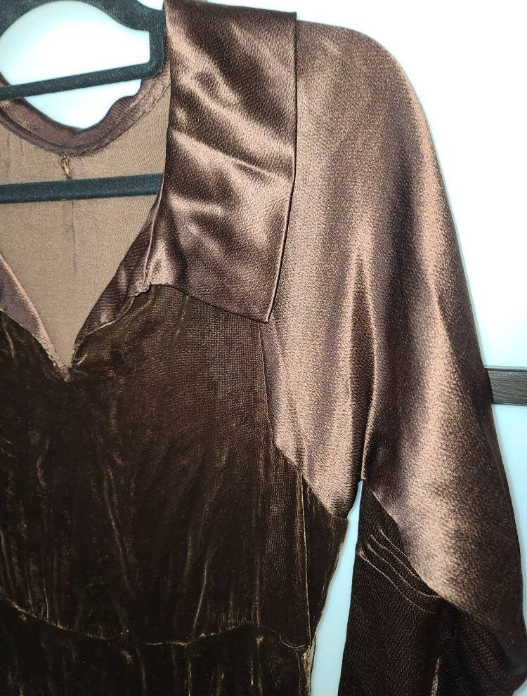 Vintage 1920s 30s Dress Chocolate Brown Thin Silk Velvet Satin Dress Flapper Art Deco XS