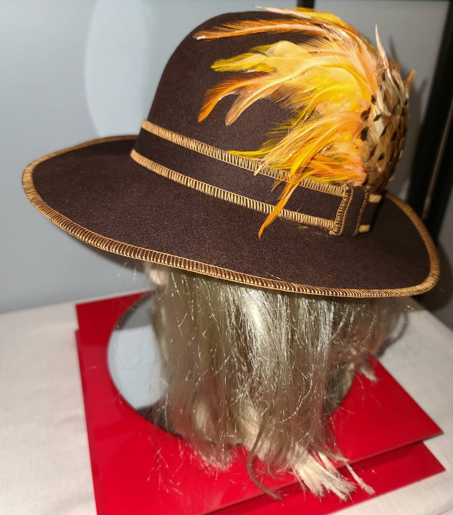 Vintage Feather Hat 1960s 70s Round Brown Wool Felt Wide Brim Hat Orange Yellow Feathers Mod Boho 21.5 inches