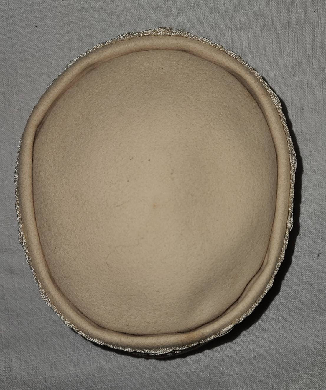 SALE Vintage 1950s 60s Hat Round Cream Felt Hat Tassel Trim Prong Set Rhinestones Pillbox Hat Rockabilly Mod Boho 22 in. a few spots