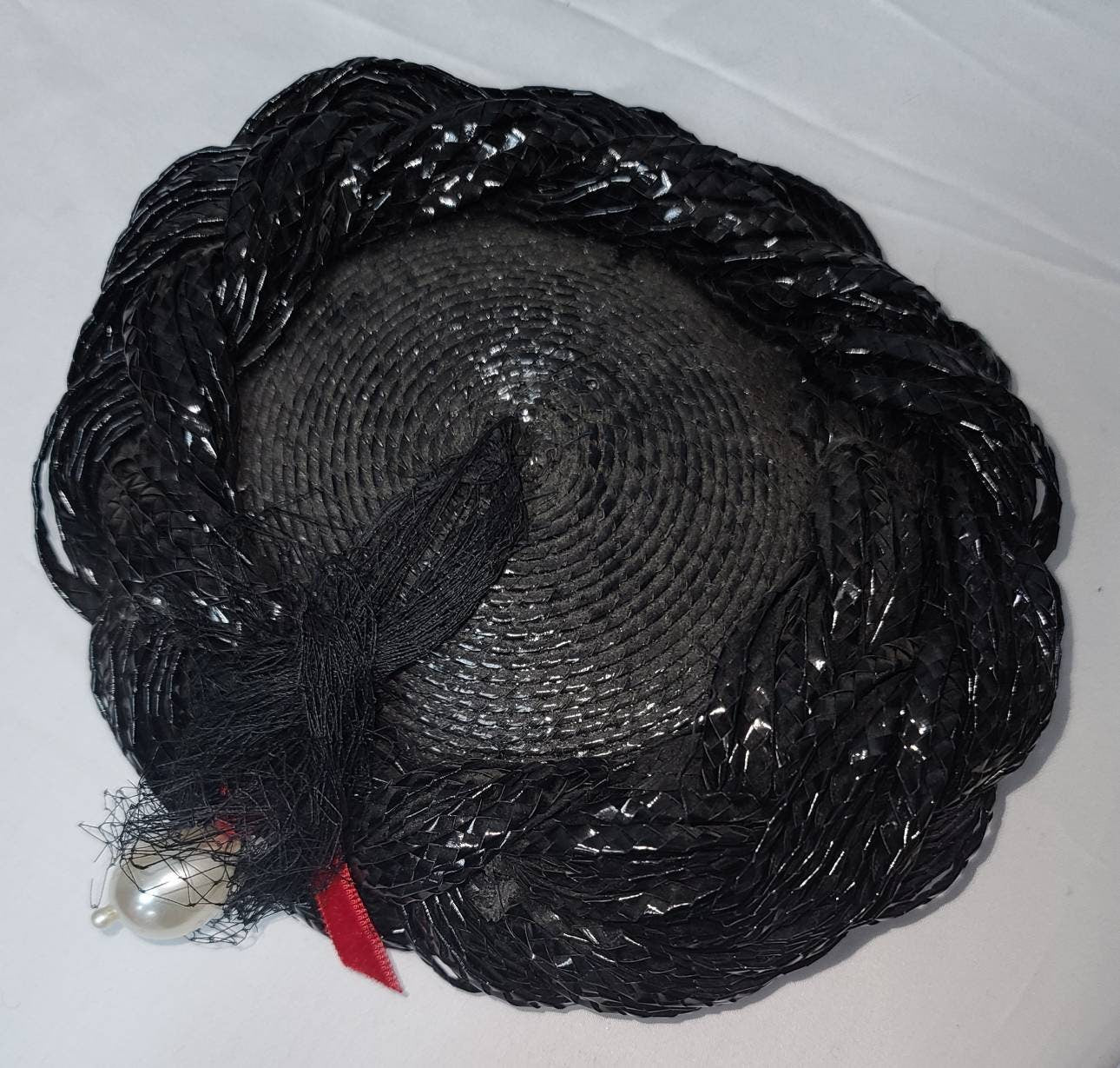 Vintage 1950s Hat Small Shiny Round Black Perch Hat Tilt Hat Large Pearl Bead Crystal Ornament Red Velvet Bow Rockabilly Pinup