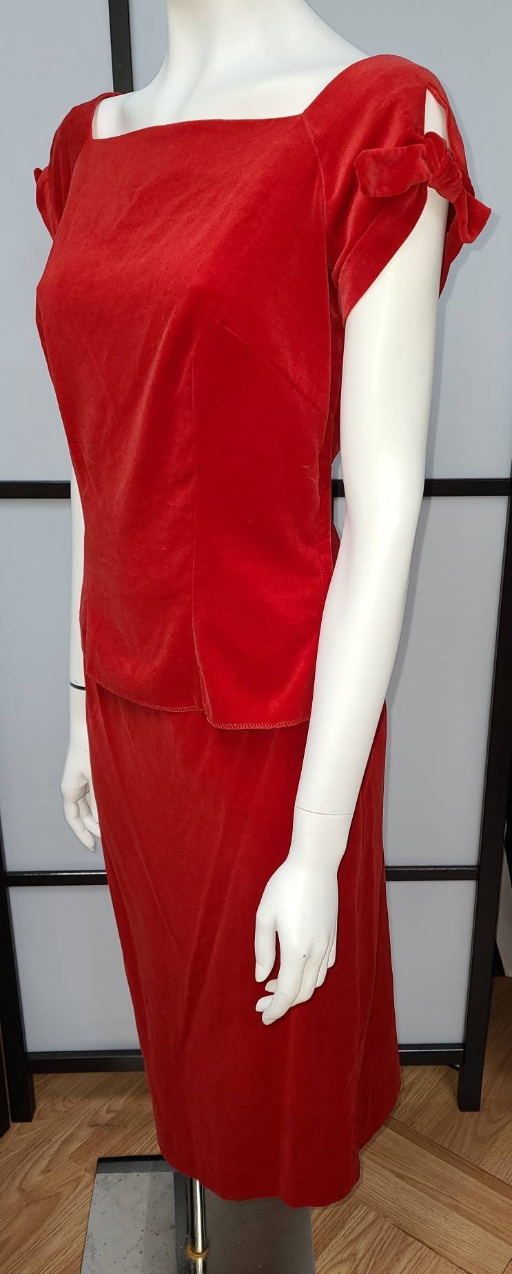 Vintage 1950s Skirt and Top Red Velvet Open Sleeves Bows Pencil Wrap Skirt Rosecrest NY Amazing Rockabilly Pinup Top S M Skirt XS S