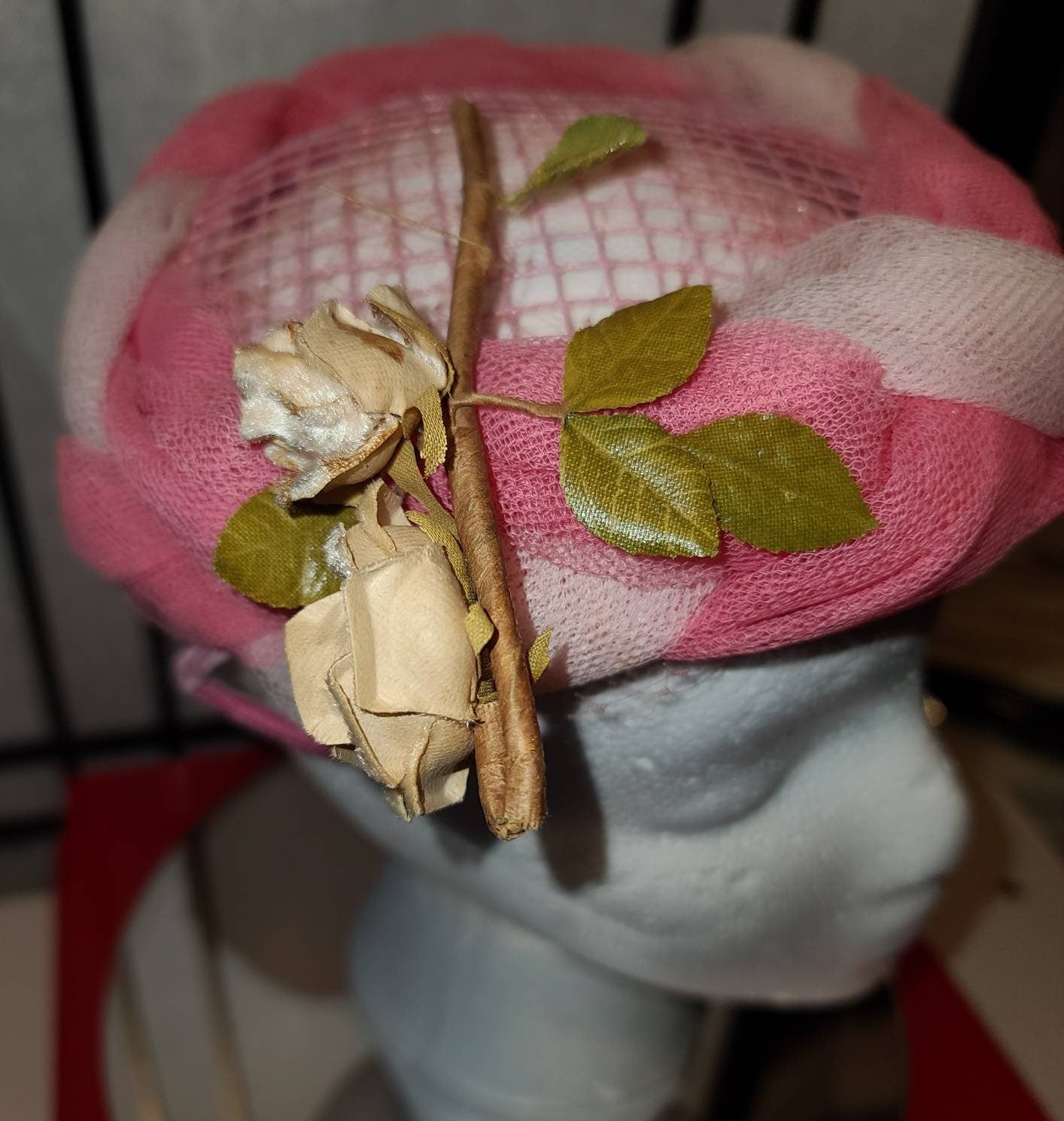 Vintage Pink Hat 1950s 60s Round Open Cocktail Hat Perch Hat Light Dark Pink Net Tulle Front Veil Faux Flower Mid Century Rockabilly 19 in.