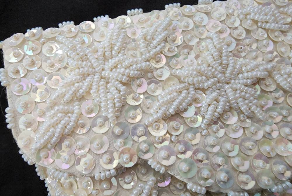 Vintage Walborg Purse 1950s 60s Small Cream White Satin Beaded Sequin Clutch Purse Wedding Bridal Rockabilly 5 x 3.25 in.