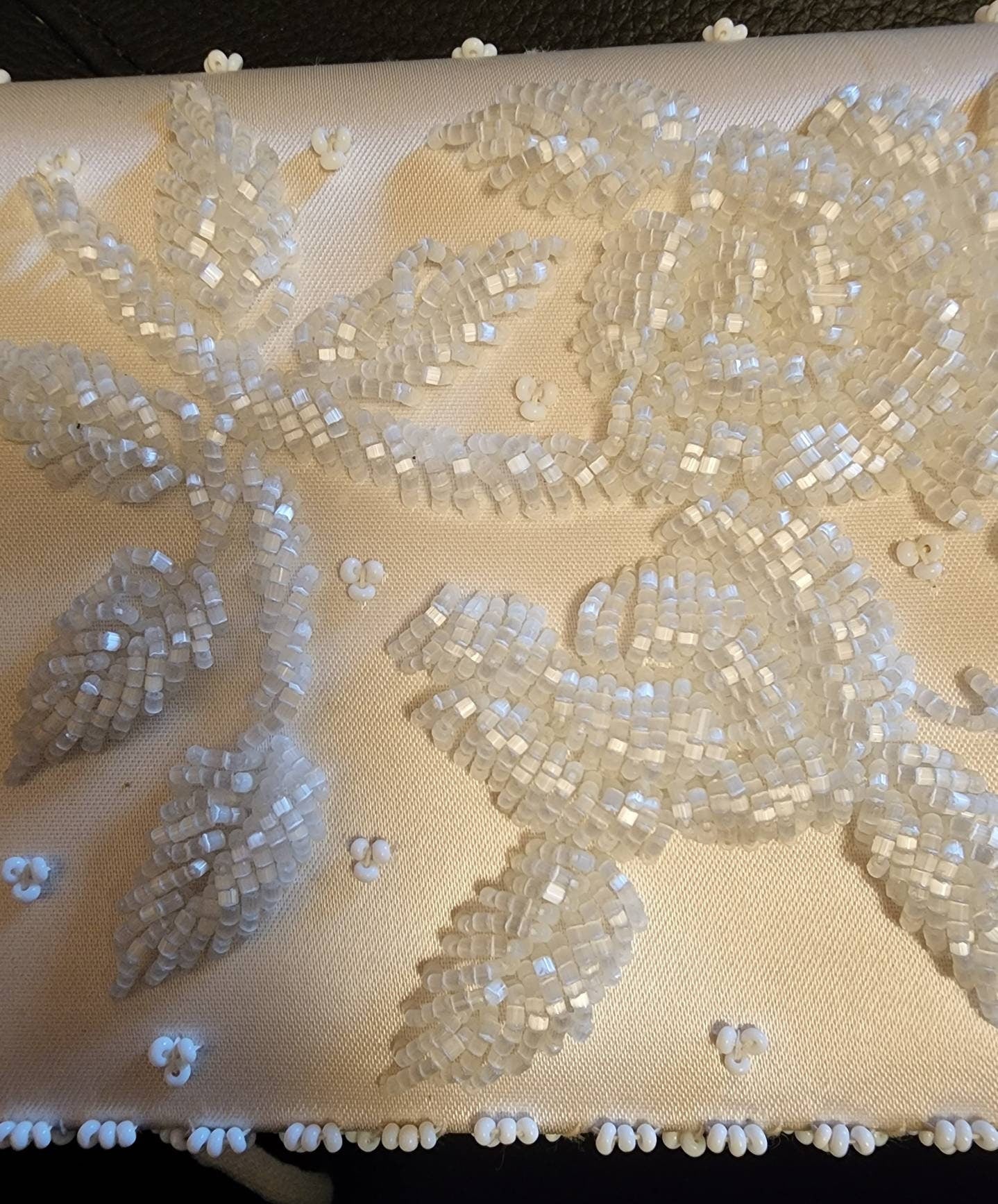 Vintage 1950s 60s Clutch Cream White Satin Beaded Sequin Envelope Clutch Purse Wedding Bridal Rockabilly 8.5 x 4.5 in.