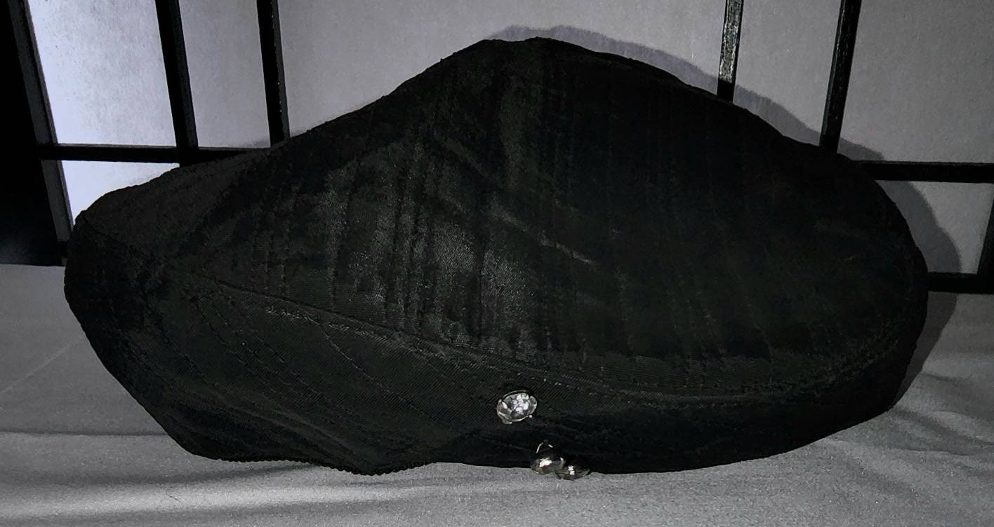 Vintage 1950s Hat Black Fabric Cap Beret Style Cocktail Hat Rhinestone Trim Mid Century Rockabilly 21 in.