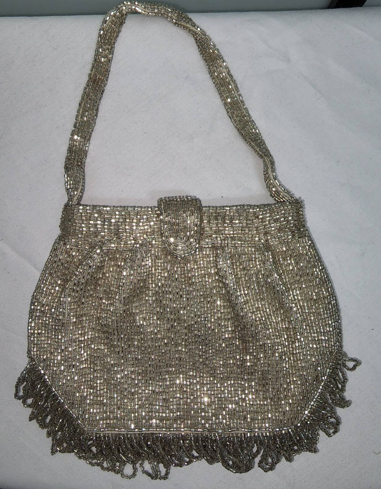Vintage Beaded Purse 1950s 60s Silver Glass Bugle Bead Small Top Handle Bag Beaded Fringe 1930s Style Flapper Deco