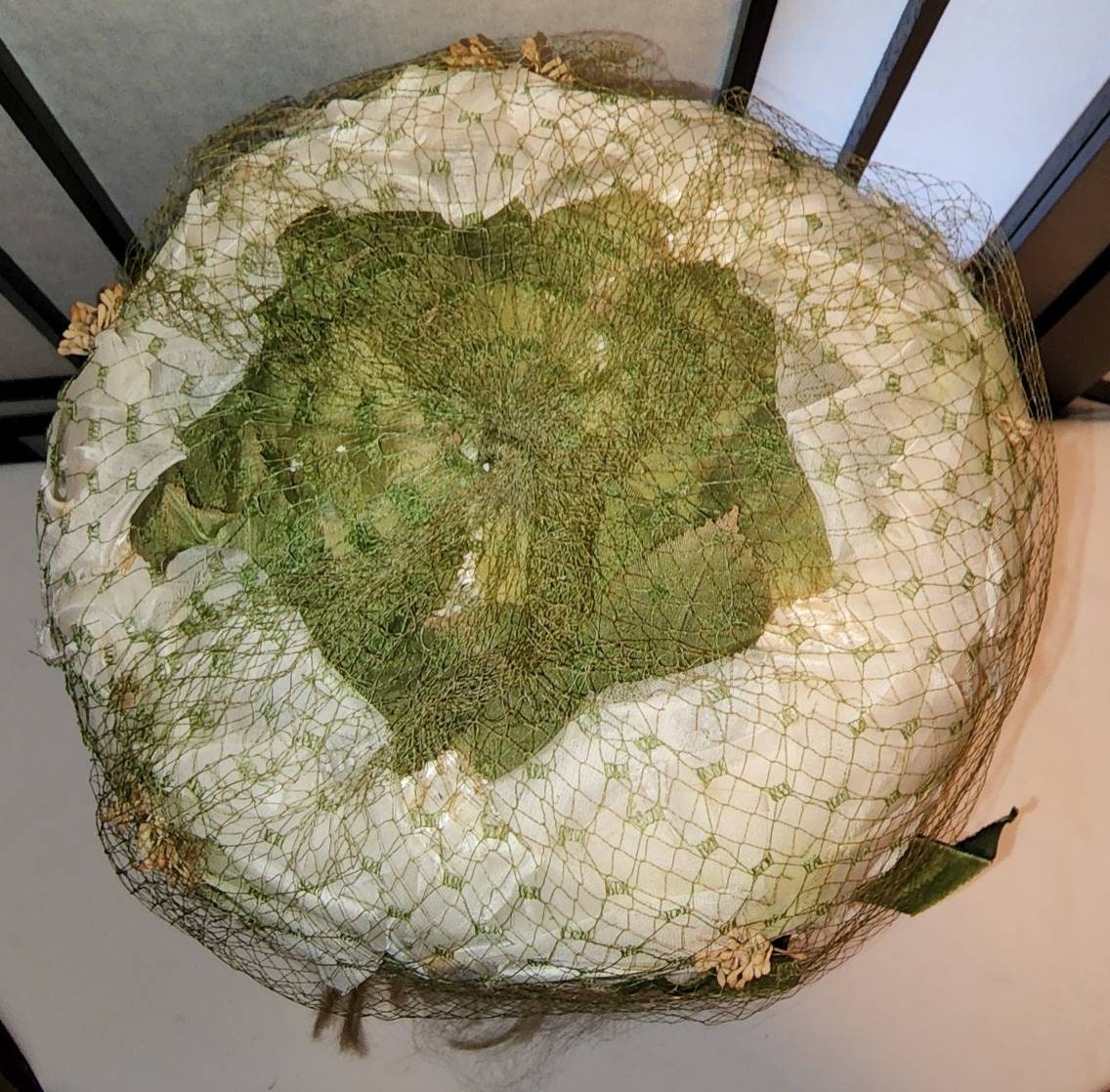 Vintage Bubble Hat 1960s High Round Cream Straw Floral Bubble Hat Green Net Veil White Flowers Leaves Velvet Ribbon Rockabilly Mod 21 in.
