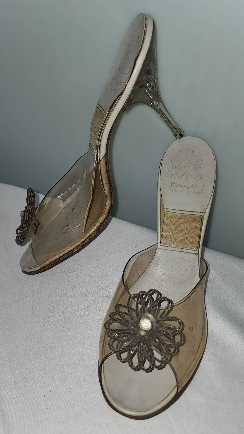 Vintage Springolator Shoes 1950s Clear Lucite Rhinestone Stiletto Heel Slides Glass Bead Rhinestone Rosettes Rockabilly Pinup