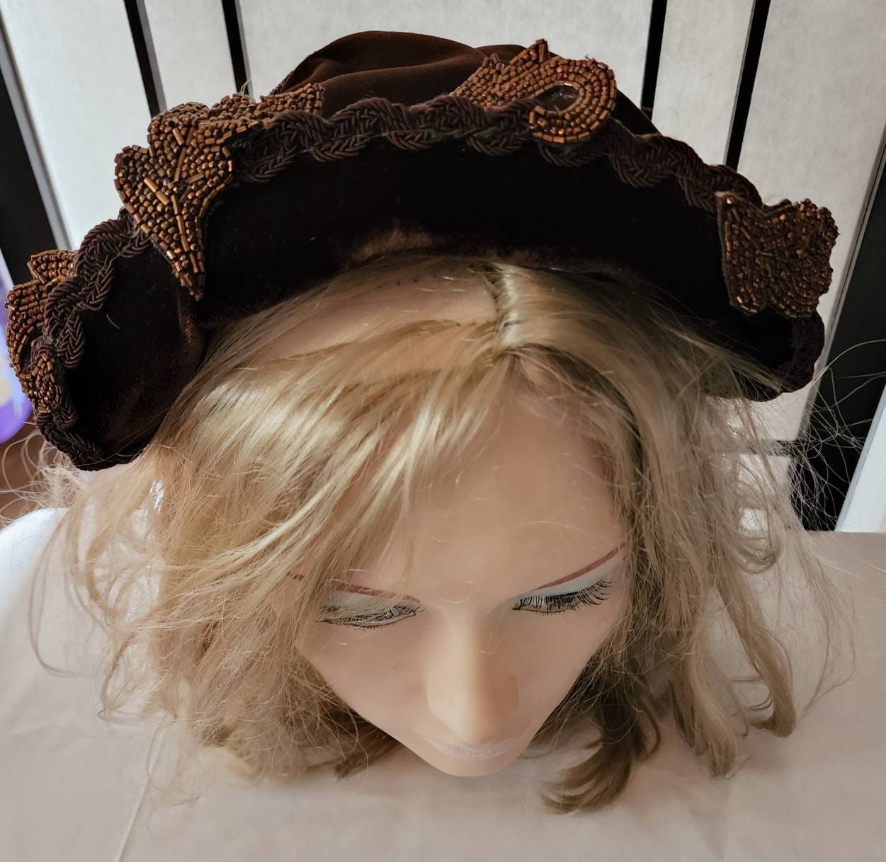 Vintage Half Hat 1940s 50s Large Brown Velvet Glass Bead Cocktail Hat Clamp Hat Bronze Bead Leaf Appliques Mid Century Rockabilly