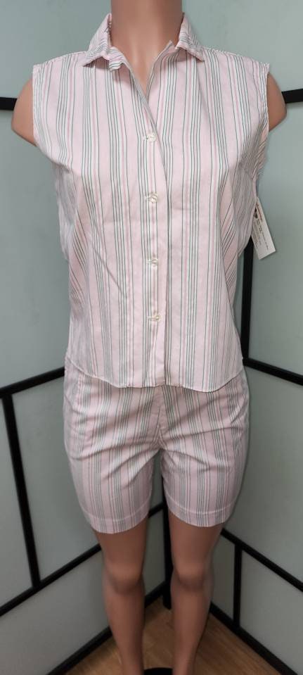 Vintage 1950s Resort Wear Set 3 Piece Blouse Shorts Skirt Set Pink Black White Tiny Stripes Mary Rodner by Wolfson Mid Century Rockabilly S