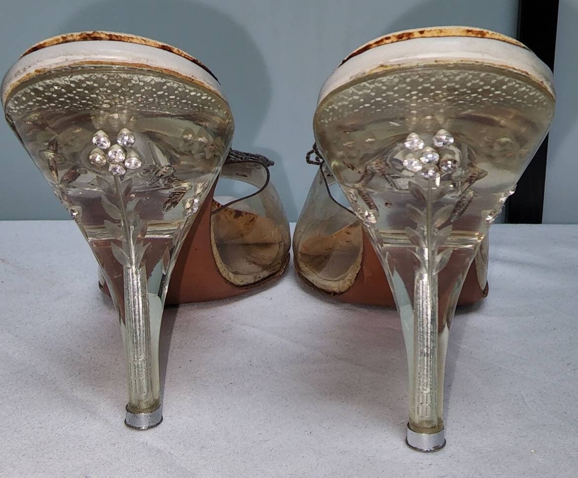 Vintage Springolator Shoes 1950s Clear Lucite Rhinestone Stiletto Heel Slides Glass Bead Rhinestone Rosettes Rockabilly Pinup