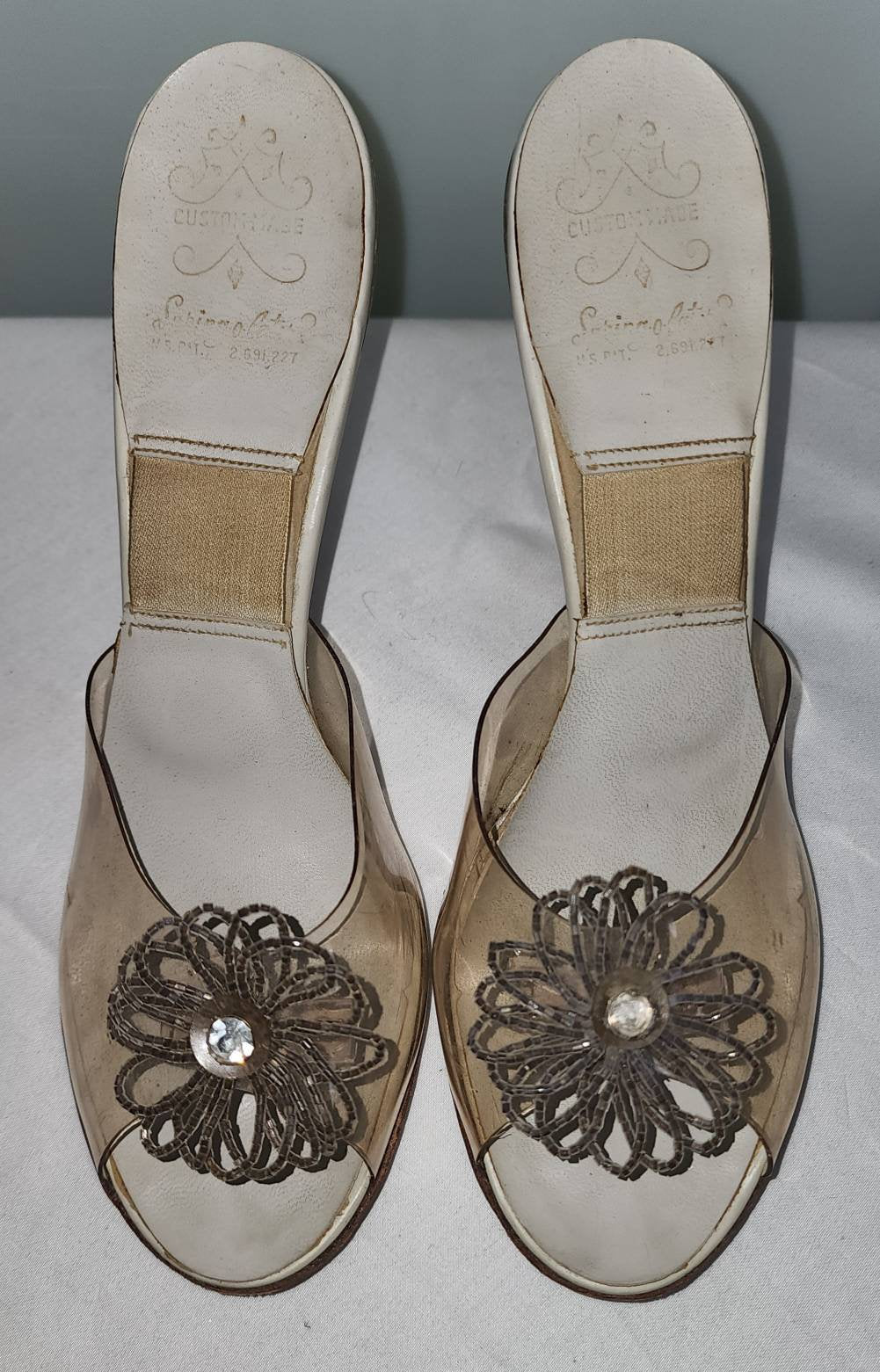 Vintage Springolator Shoes 1950s Clear Lucite Rhinestone Stiletto Heel Slides Glass Bead Rhinestone Rosettes Rockabilly Pinup