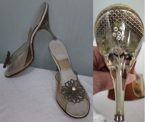 Vintage Springolator Shoes 1950s Clear Lucite Rhinestone Stiletto Heel Slides Glass Bead Rhinestone Rosettes Rockabilly Pinup