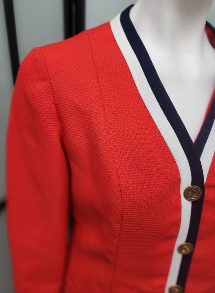 Vintage Skirt Suit 1960s Bright Orangey Red Blue White Classic Nautical Suit Gold Anchor Buttons Abercrombie & Fitch Boho S