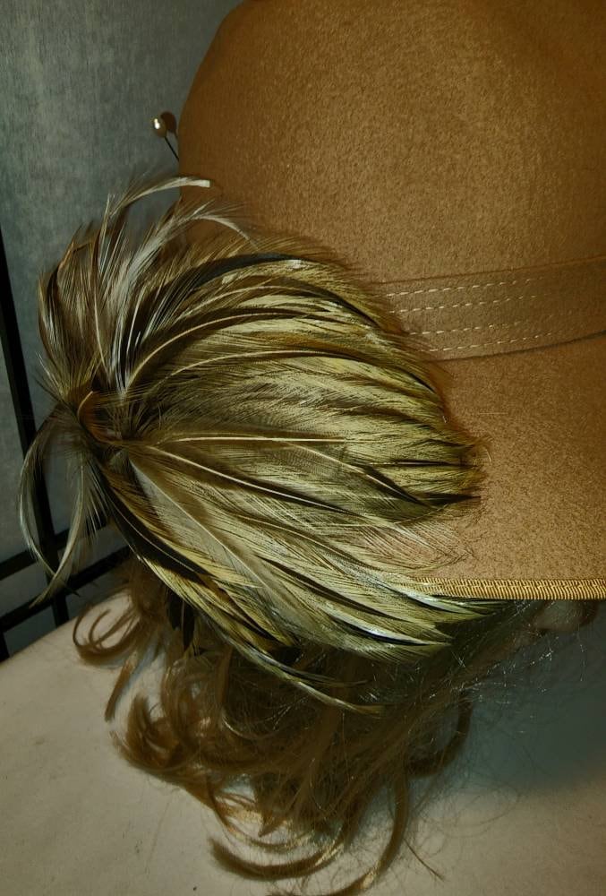 Vintage Feather Hat 1960s 70s Large Beige Tan Wool Felt Hat Wide Brim Thin Brown Feather Trim Bellini Boho 21.5 in.