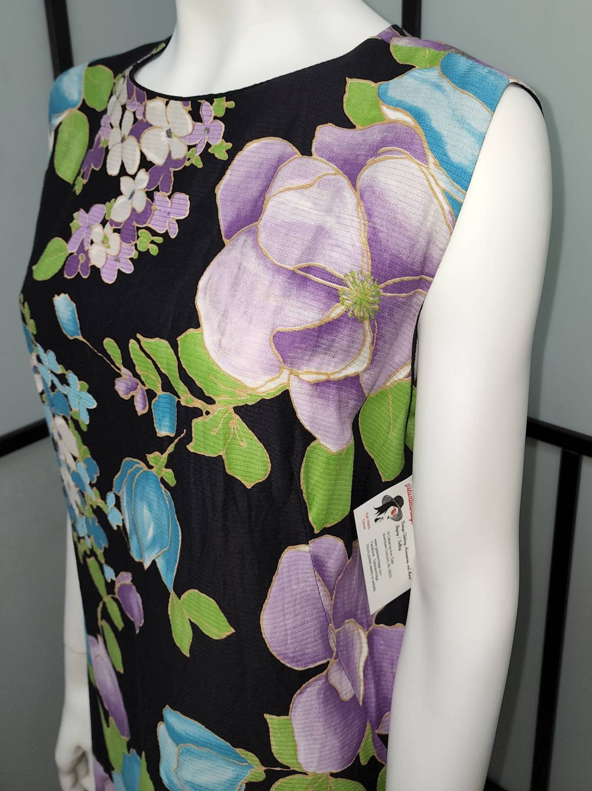 Vintage Shift Dress 1960s Cotton Blend Black Purple Large Floral Print Dress Mod Boho L