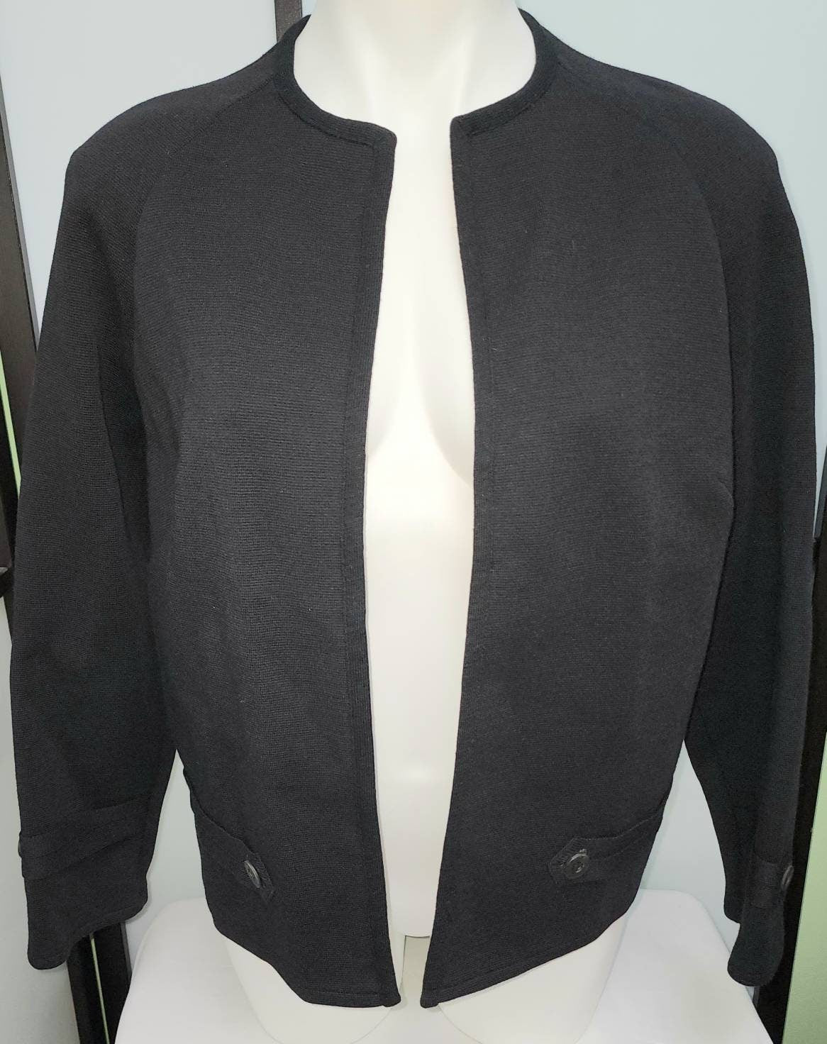 Vintage Wool Jacket 1950s 60s Black Wool Knit Open Jacket Button Tab Detail Catalina Mid Century Rockabilly L