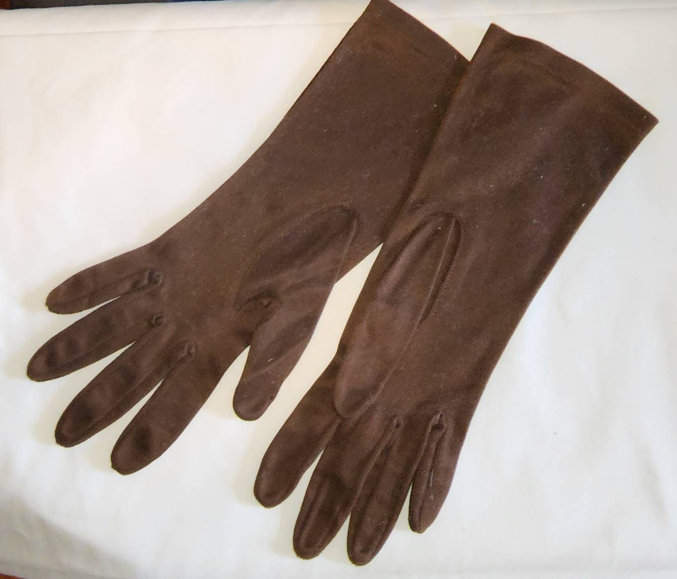 Vintage Brown Gloves 1950s 60s Midlength Brown Fabric Gloves Complexion By Hansen Mid Century Rockabilly 7