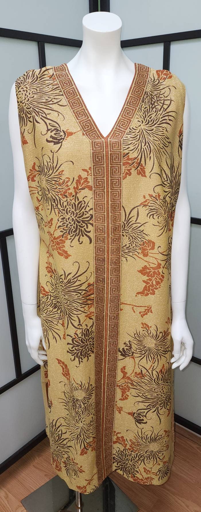 Vintage Long Dress and Jacket 1970s Gold Metallic Gown Maxi Dress Earthtone Chrysanthemum Print Greek Key Trim Matching Jacket Boho XL