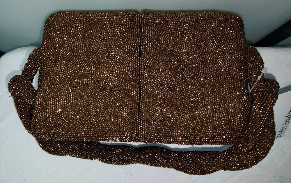 Vintage 1940s Purse Stunning Copper Bronze Glass Bead Box Purse Picnic Basket Style Lid Braided Bead Handle Mid Century Art Deco