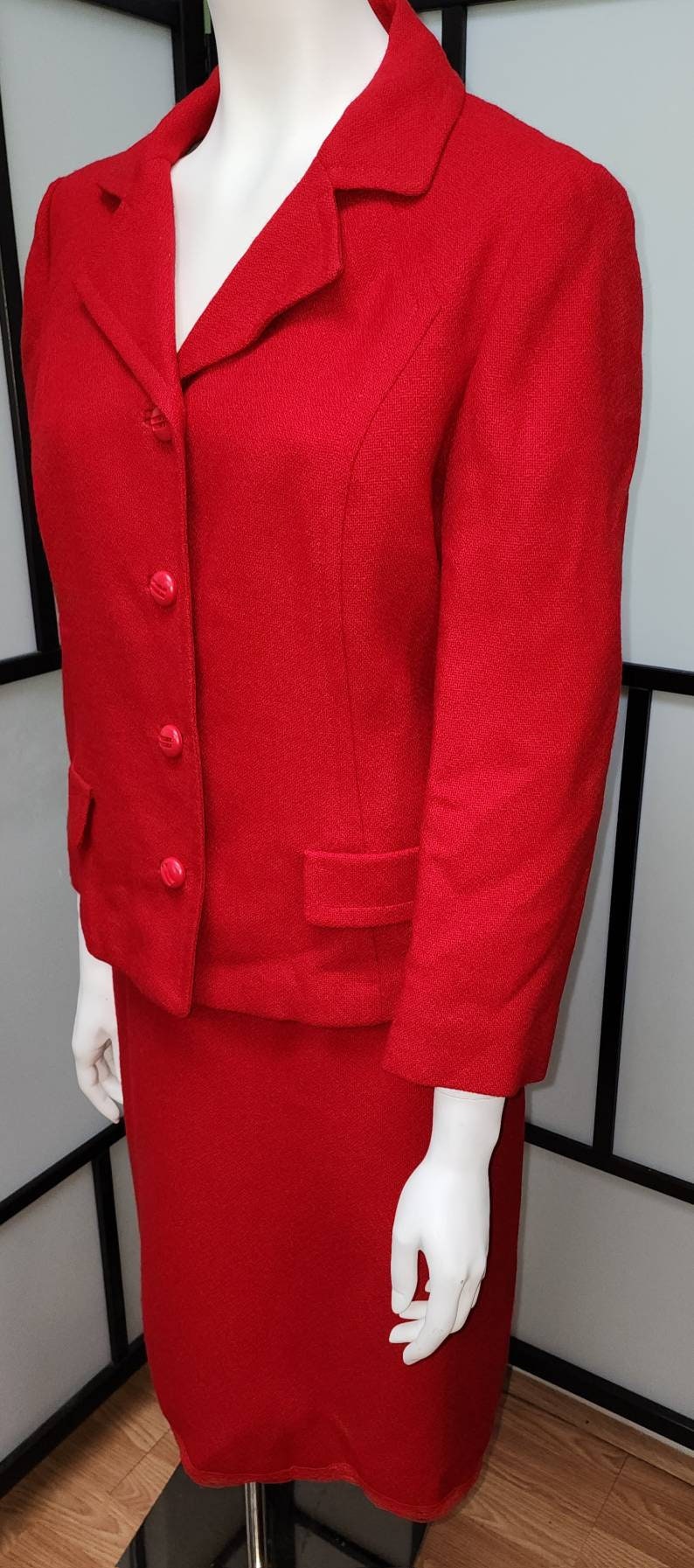 Vintage Women's Suit 1960s Red Wool Skirt Suit Unique Buttons Pencil Skirt Mid Century Rockabilly M skirt needs hem