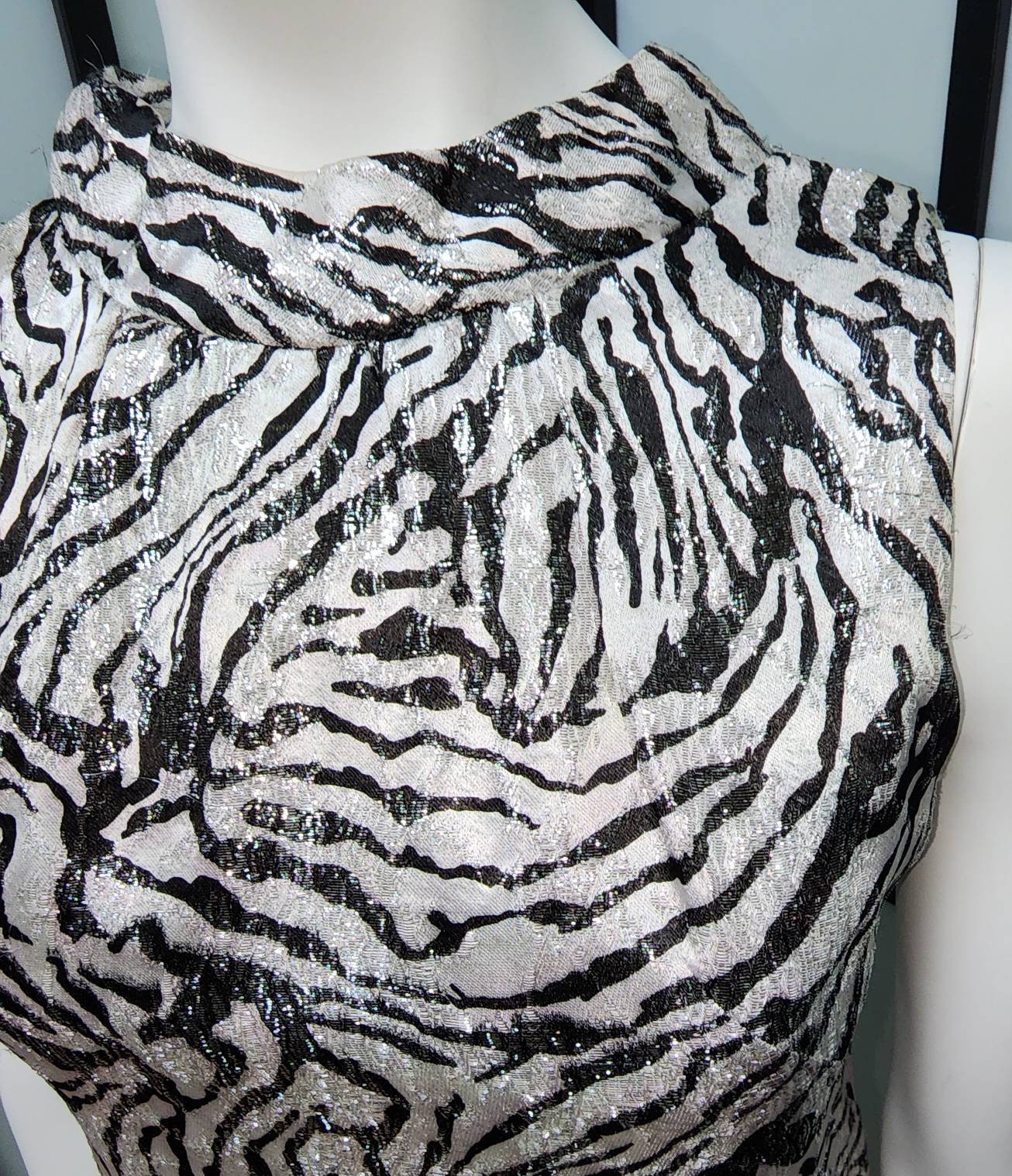 Vintage Metallic Dress 1960s Silver Black Tiger Stripe Glitter Metallic Dress Open Back Trude Jr. California Mod Go Go S