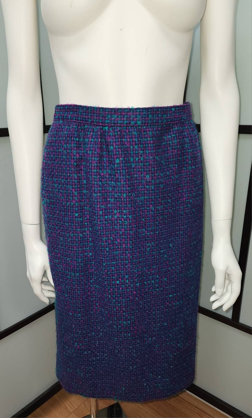 Vintage Skirt Suit 1980s 90s Pendleton Purple Turquoise Check Wool Skirt Suit Cool Buttons Classic M L Petite
