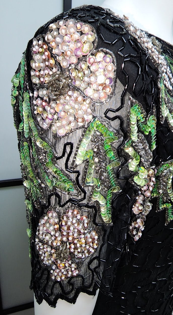 Vintage Sequin Dress 1990s Pink Floral Beaded Black Silk Open Back Trophy Dress Lawrence Kazar Boho Petite S