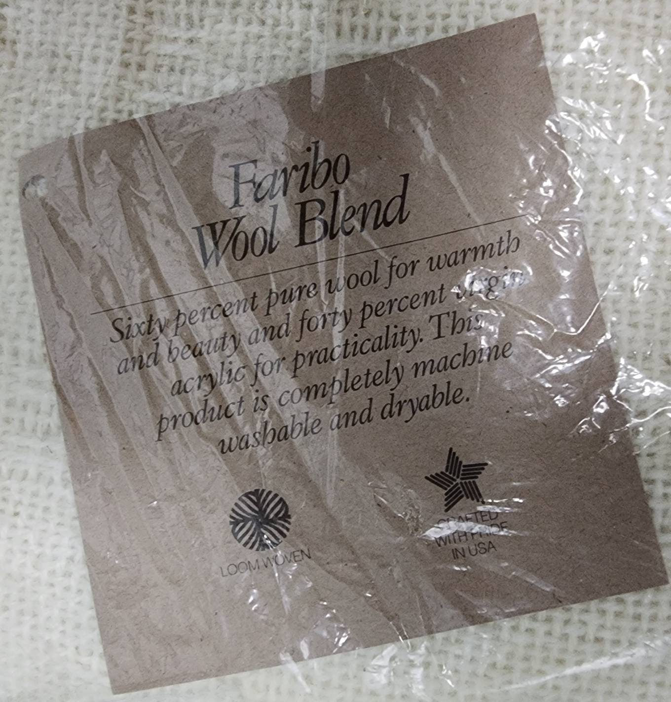 Unused Vintage Blanket 1970s 80s Faribo Wool Blend Thin Cream Fringed Blanket Washable NIP 72 x 90 in. some age stains