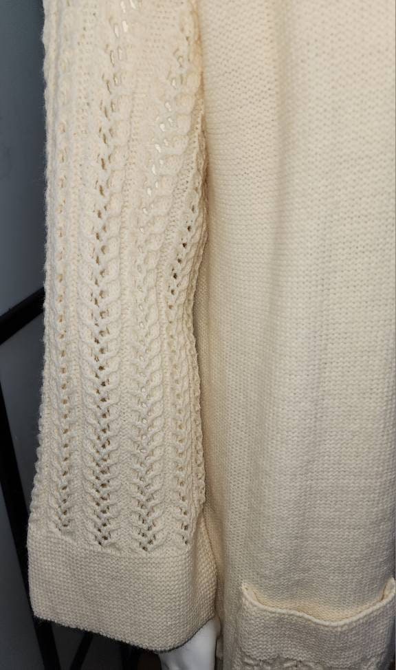 Vintage Long Sweater 1970s Oversize Cream Acrylic Knit Cardigan Open Weave Sleeves Wood Barrel Buttons Miss Azure Hippie Boho M L