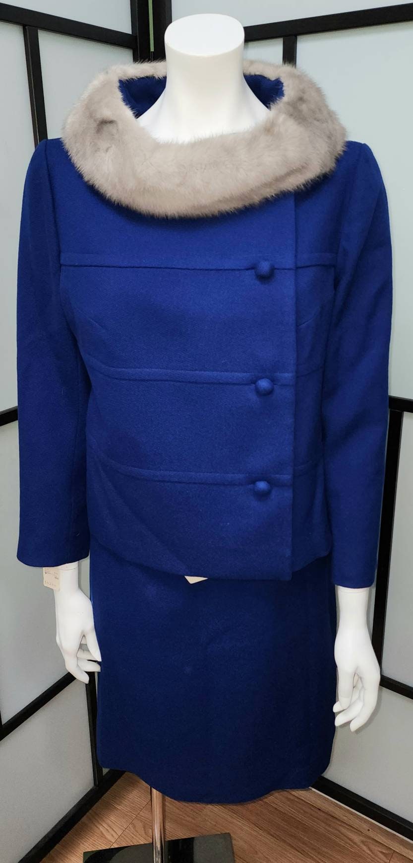 Unworn Vintage Skirt Suit 1950s 60s Bright Blue Wool Suit Huge Silver Mink Fur Collar Jack Bloom California NWT Mid Century Rockabilly M