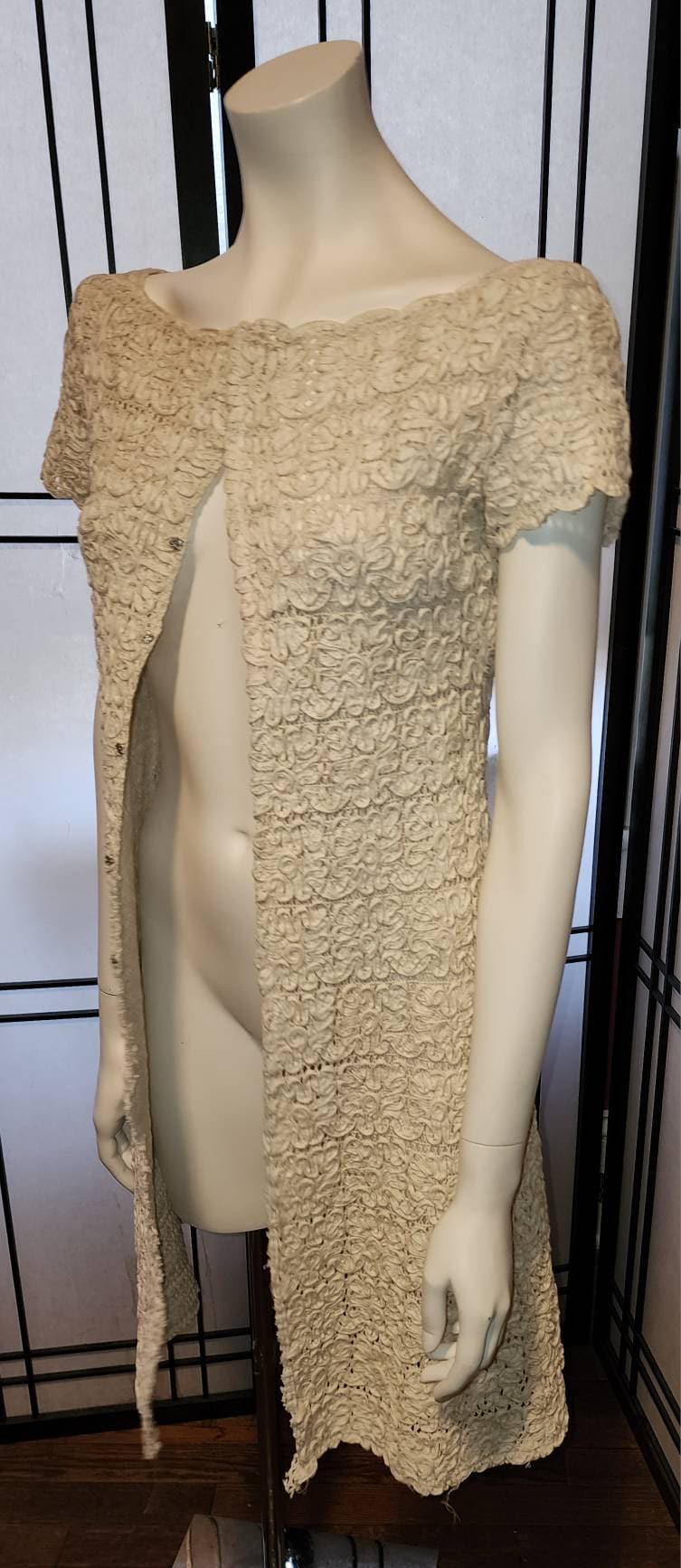 Vintage Tape Lace Dress 1960s Cream Soutache Minidress Tunic Dress Top Hippie Boho Mod XS