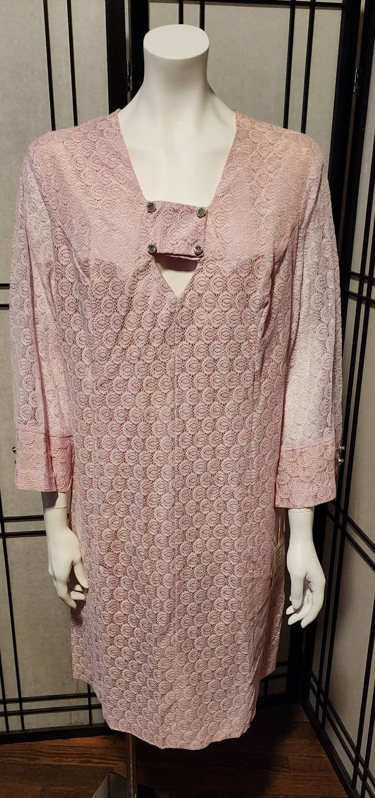 Unworn Vintage Dress 1960s Mauve Pink Lace A Line Dress Rhinestone Ornaments NWT Mod XL