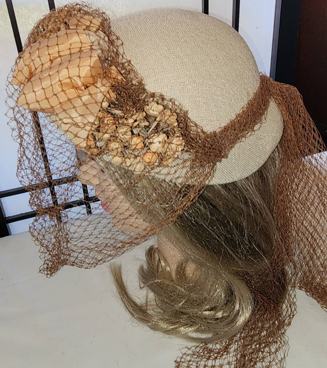 Vintage 1930s 40s Hat Round Cream Straw Hat Orange and Brown Flowers Ribbons Large Brown Veil Art Deco Country 21 in.