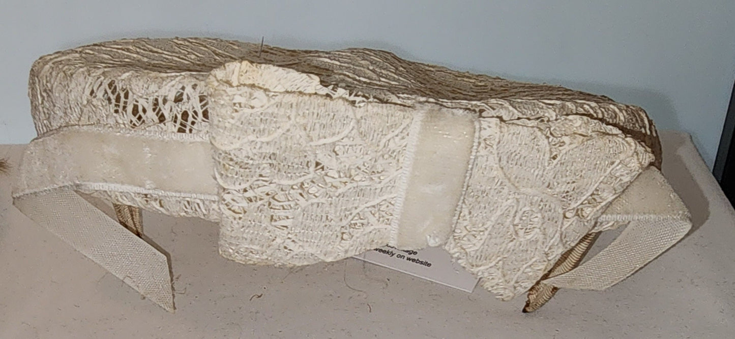 Vintage 1950s Hat Small Round Cream Floral Lace Perch Tilt Hat Large Bow Velvet Ribbon Rockabilly Wedding Bridal 20.5 in. rust on clamps