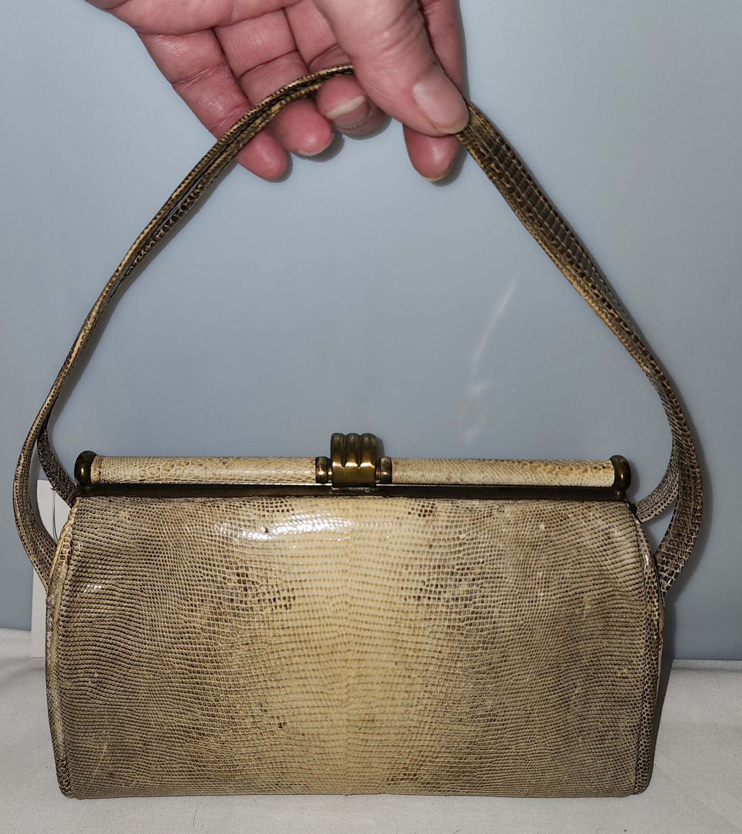 Vintage Snakeskin Purse 1940s 50s Beige Black Snakeskin Small Box Purse Double Handles Great Markings German Art Deco Rockabilly