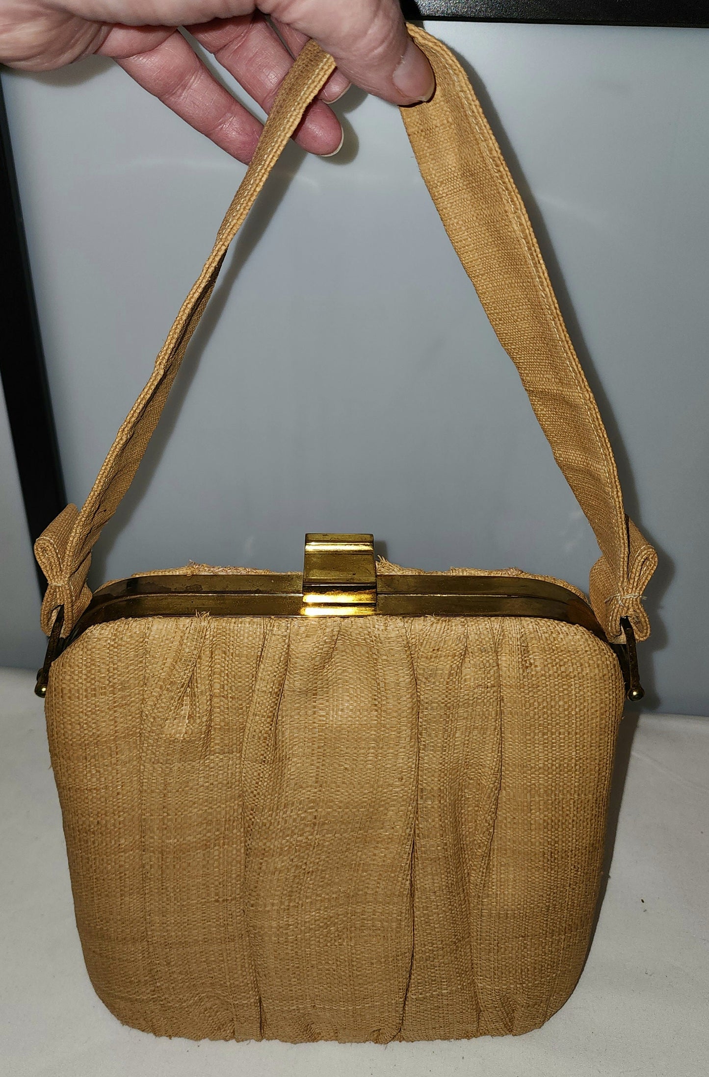 Vintage Box Purse 1940s 50s Beige Linen Fabric Covered Tall Box Purse Metal Frame Bag Rockabilly