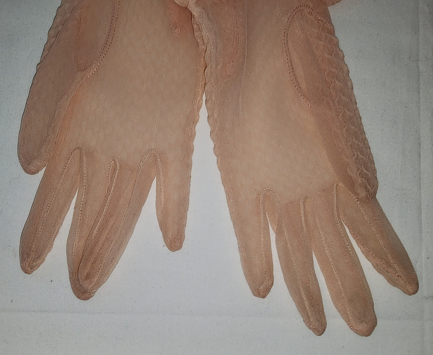 Vintage Pink Gloves 1950s Sheer Pink Waffle Texture Nylon Gloves Wrist Ruffle Mid Century Rockabilly
