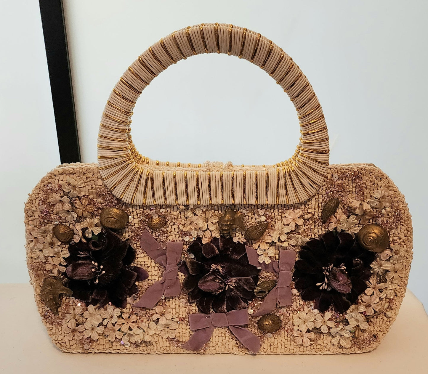 Vintage 1950s Purse White Gold Purple Velvet Floral Shells Flowers Floral Straw Purse Japan Must See Mid Century Rockabilly