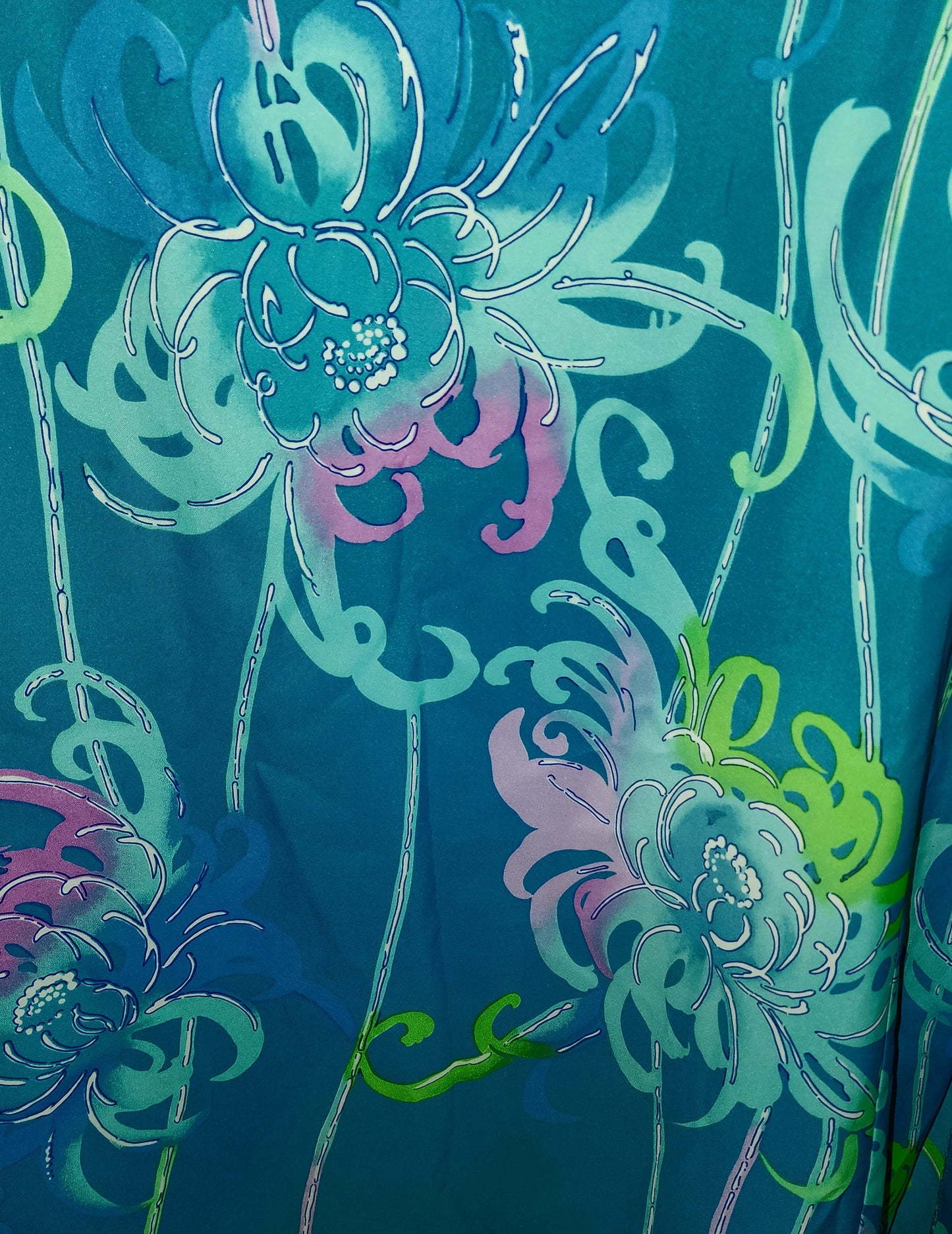 Vintage Hawaiian Dress 1960s 70s Long Blue Thin Nylon Abstract Pink Green Floral Long Dress Keyomi Hawaii Boho L