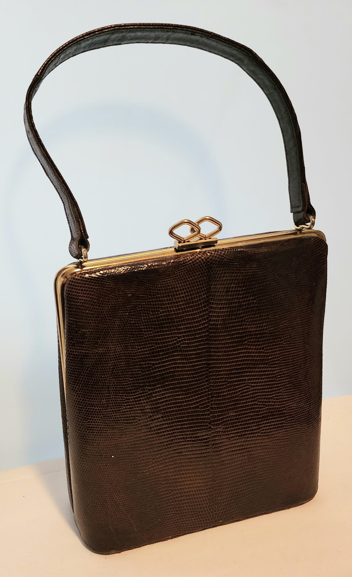 Vintage Lizard Purse 1940s 50s Brown Lizard Skin Tall Curved Box Purse Mid Century Rockabilly