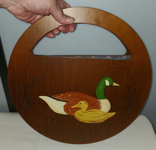 Unique Vintage Purse 1970s 80s Round Wood Leather Purse Painted Ducks de Lanthe Creations Preppy Boho Hippie